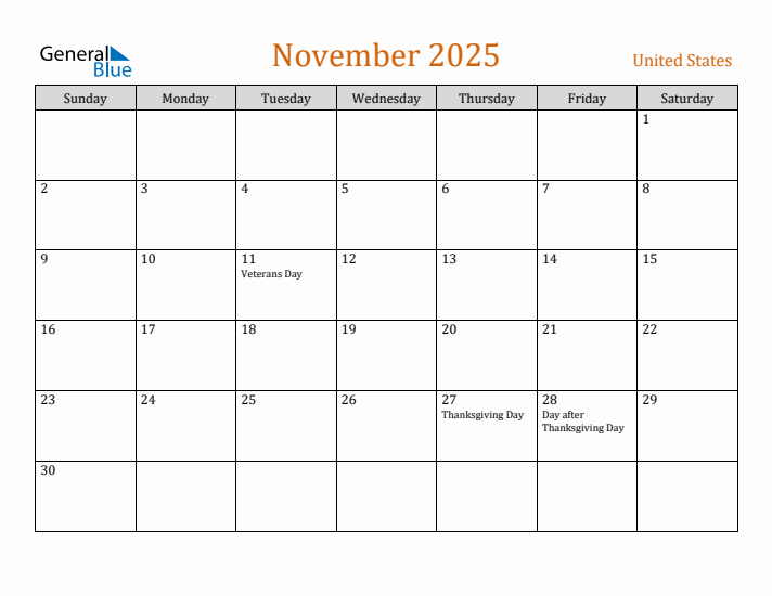 November 2025 Holiday Calendar with Sunday Start