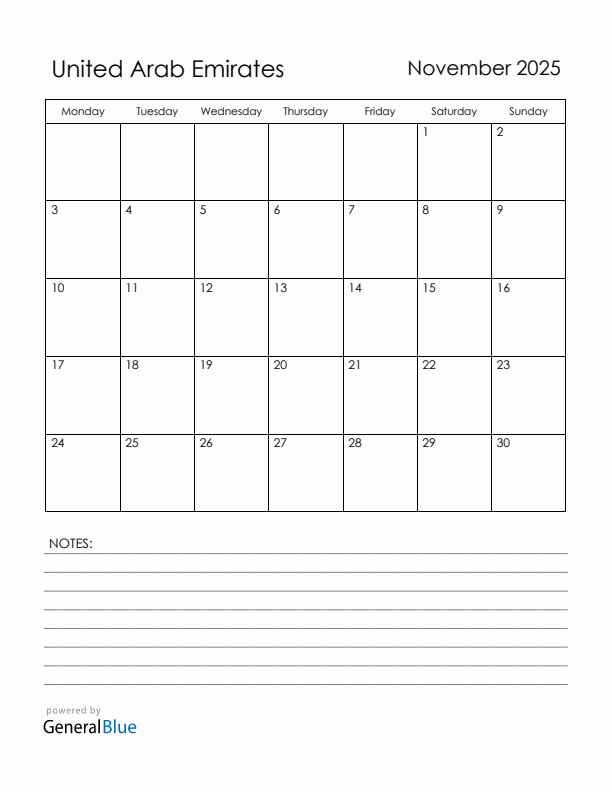 November 2025 United Arab Emirates Calendar with Holidays (Monday Start)