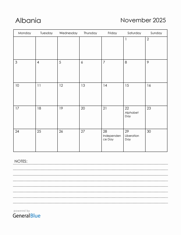 November 2025 Albania Calendar with Holidays (Monday Start)