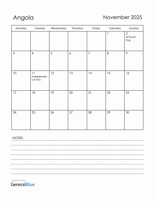 November 2025 Angola Calendar with Holidays (Monday Start)