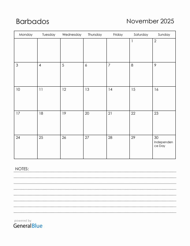 November 2025 Barbados Calendar with Holidays (Monday Start)