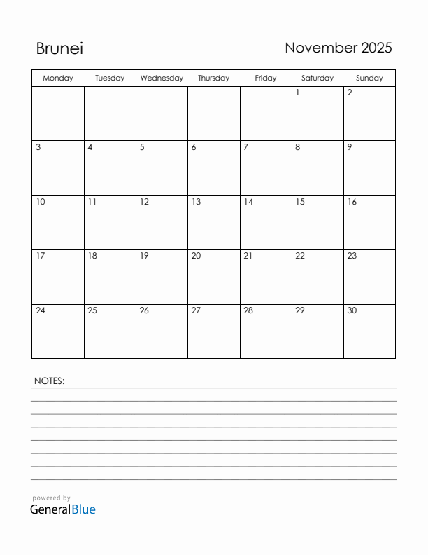 November 2025 Brunei Calendar with Holidays (Monday Start)