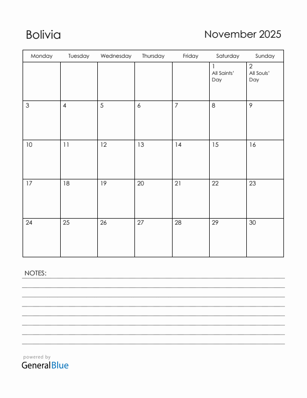 November 2025 Bolivia Calendar with Holidays (Monday Start)