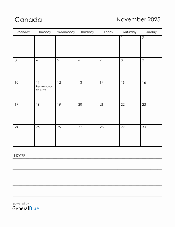 November 2025 Canada Calendar with Holidays (Monday Start)