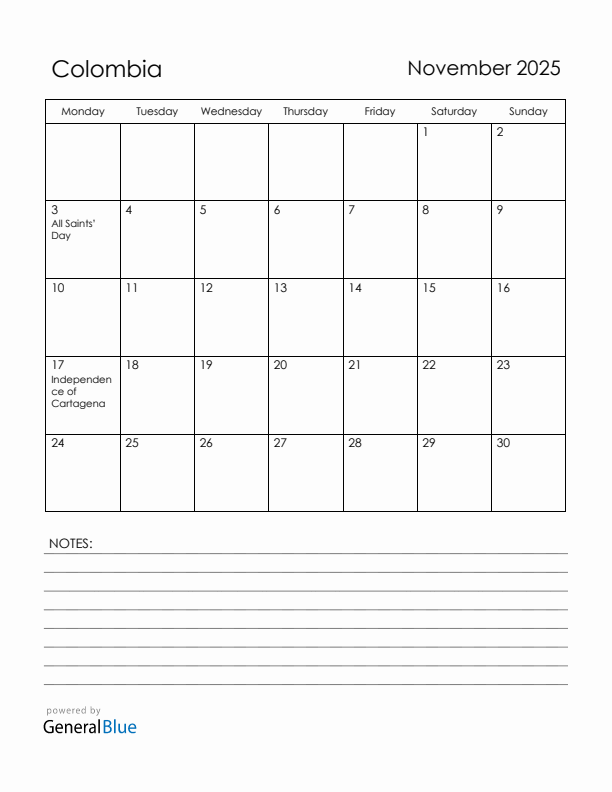 November 2025 Colombia Calendar with Holidays (Monday Start)