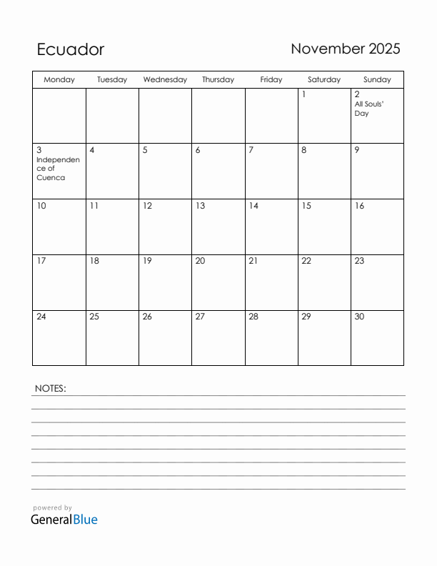 November 2025 Ecuador Calendar with Holidays (Monday Start)