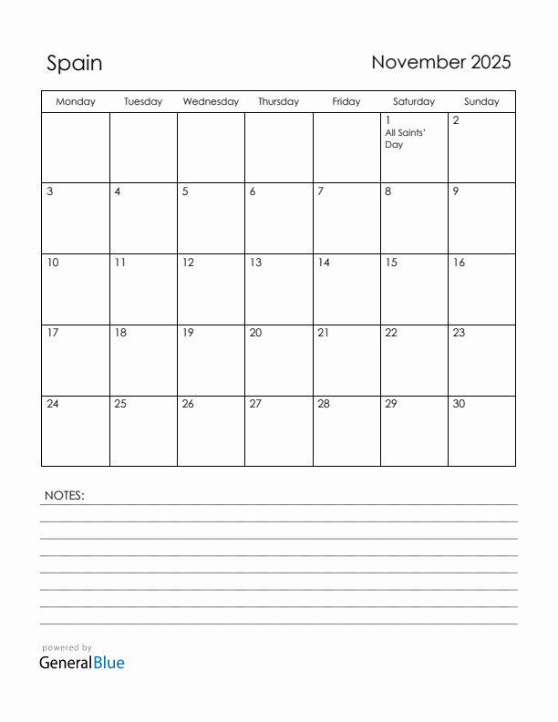 November 2025 Spain Calendar with Holidays (Monday Start)
