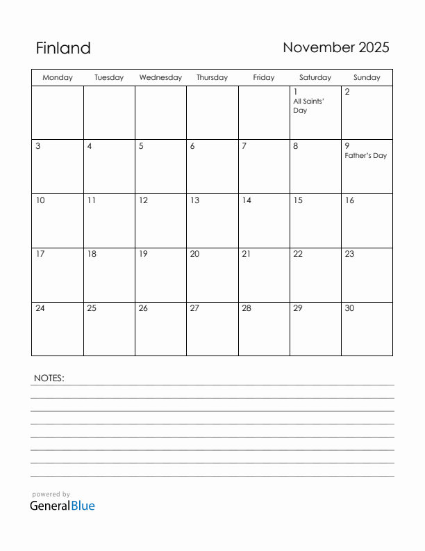 November 2025 Finland Calendar with Holidays (Monday Start)