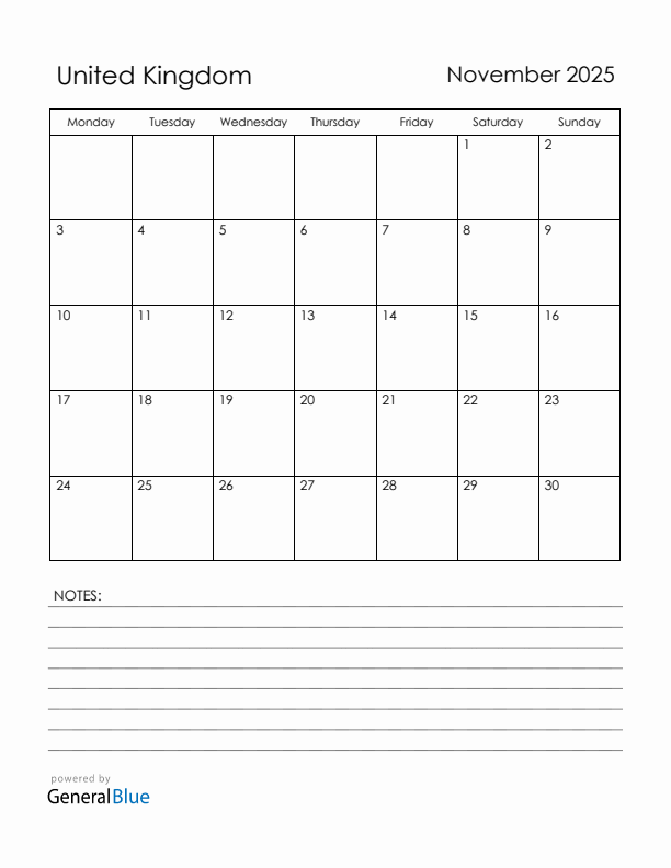 November 2025 United Kingdom Calendar with Holidays (Monday Start)