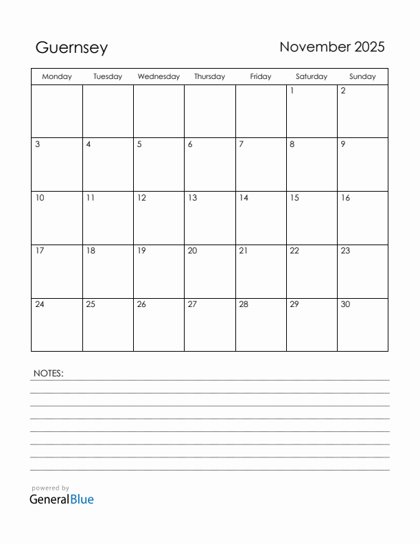 November 2025 Guernsey Calendar with Holidays (Monday Start)