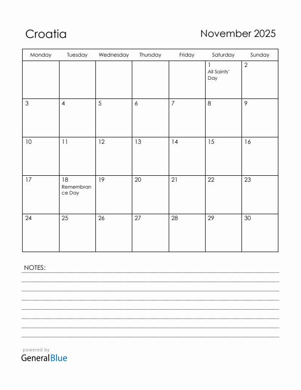 November 2025 Croatia Calendar with Holidays (Monday Start)