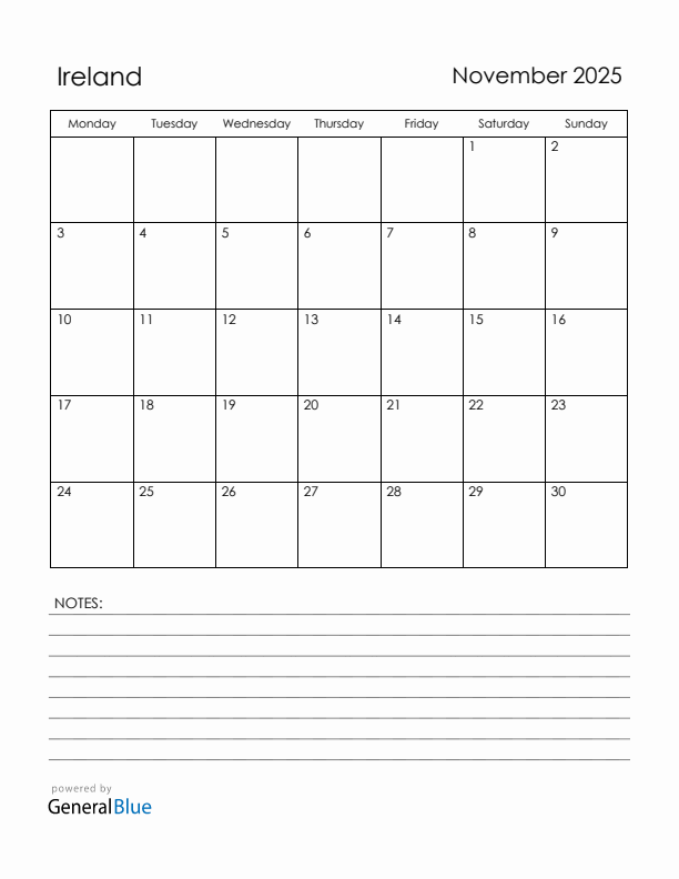 November 2025 Ireland Calendar with Holidays (Monday Start)