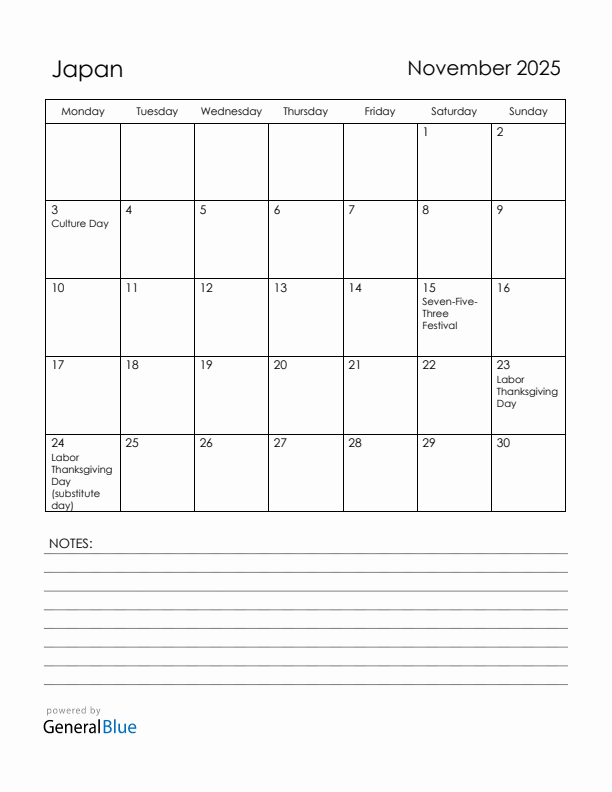 November 2025 Japan Calendar with Holidays (Monday Start)