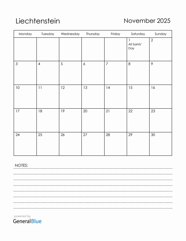 November 2025 Liechtenstein Calendar with Holidays (Monday Start)