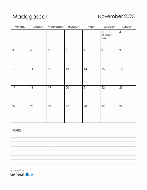 November 2025 Madagascar Calendar with Holidays (Monday Start)