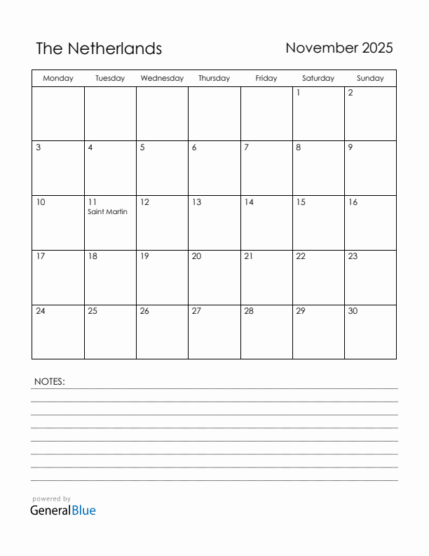 November 2025 The Netherlands Calendar with Holidays (Monday Start)