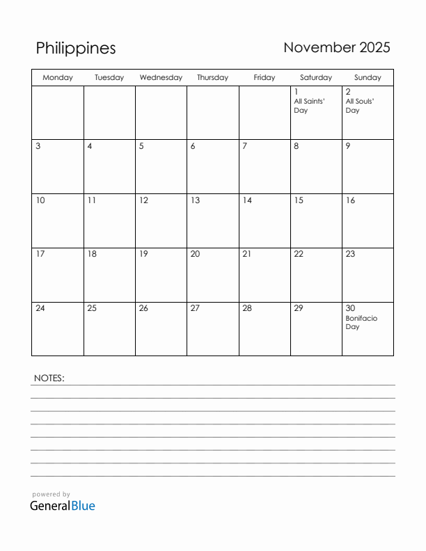 November 2025 Philippines Calendar with Holidays (Monday Start)