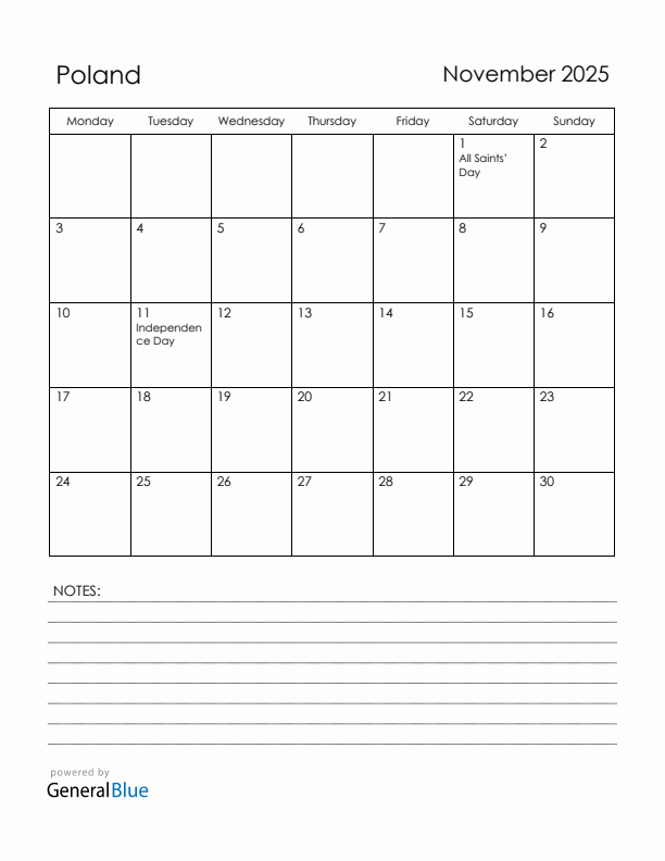 November 2025 Poland Calendar with Holidays (Monday Start)