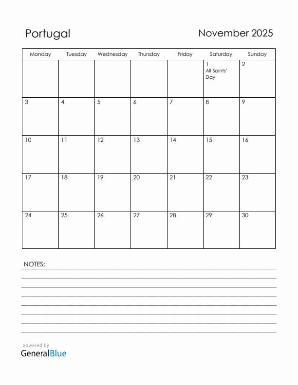 November 2025 Portugal Calendar with Holidays (Monday Start)