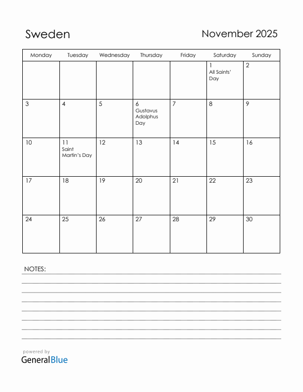 November 2025 Sweden Calendar with Holidays (Monday Start)