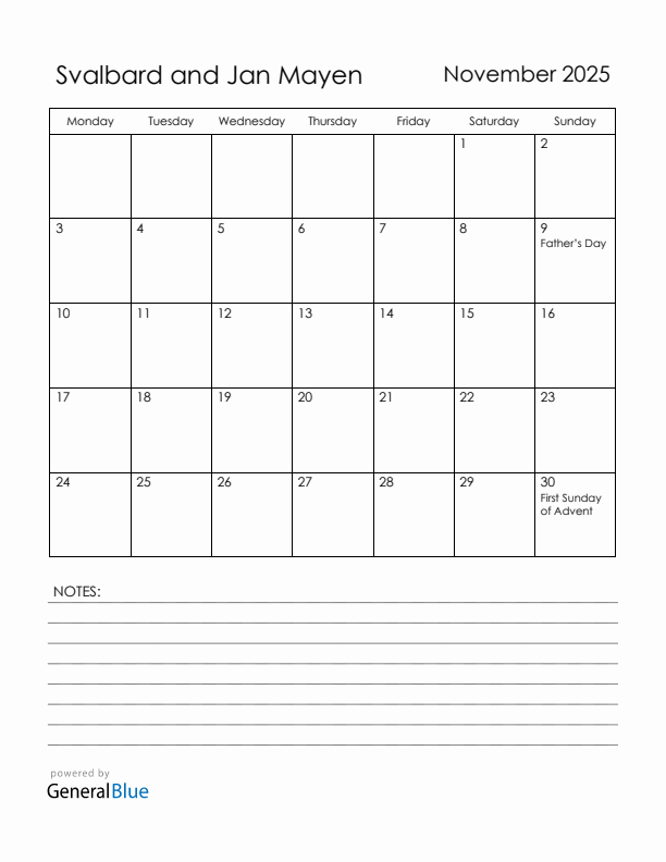 November 2025 Svalbard and Jan Mayen Calendar with Holidays (Monday Start)