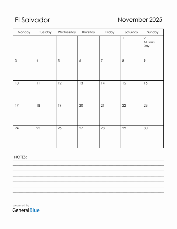 November 2025 El Salvador Calendar with Holidays (Monday Start)