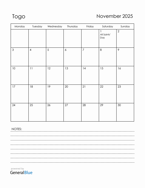 November 2025 Togo Calendar with Holidays (Monday Start)