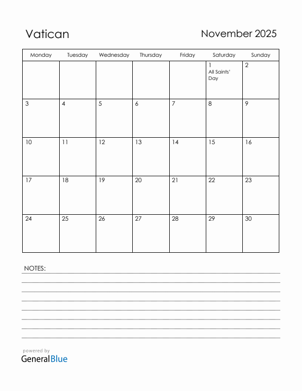 November 2025 Vatican Calendar with Holidays (Monday Start)