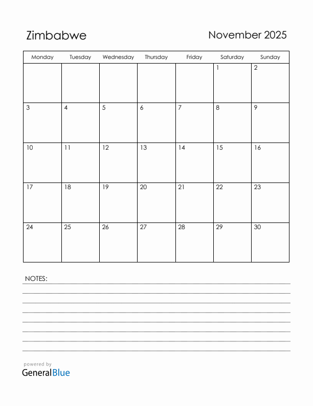 November 2025 Zimbabwe Calendar with Holidays (Monday Start)