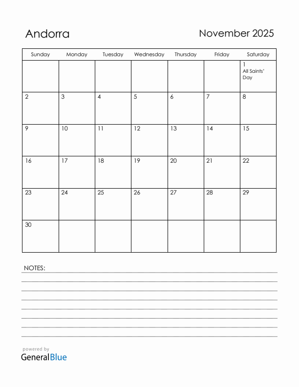 November 2025 Andorra Calendar with Holidays (Sunday Start)