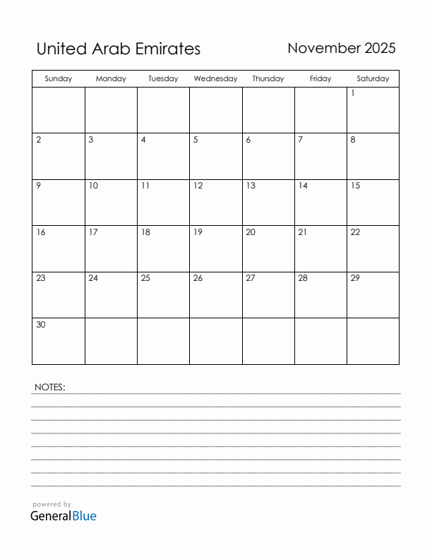 November 2025 United Arab Emirates Calendar with Holidays (Sunday Start)