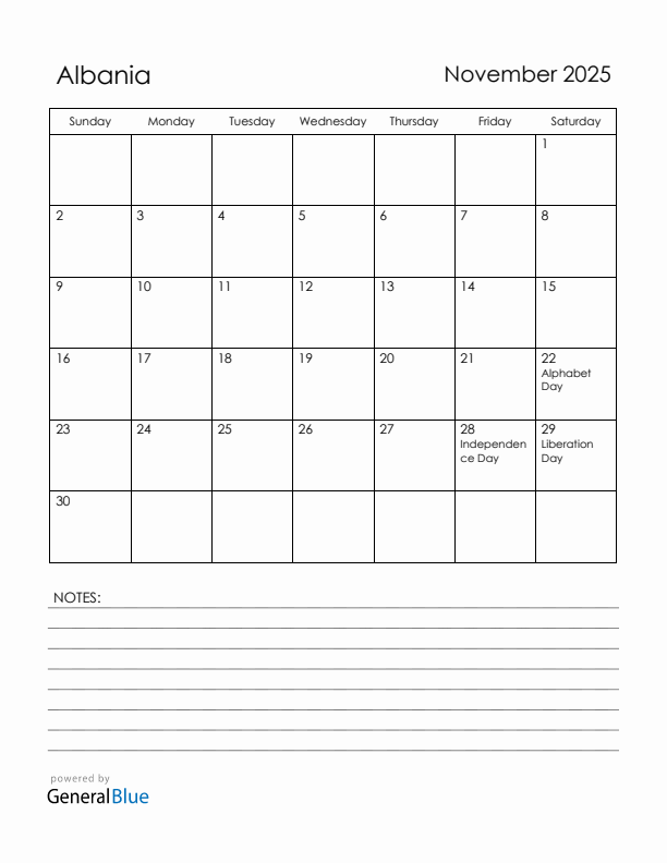 November 2025 Albania Calendar with Holidays (Sunday Start)