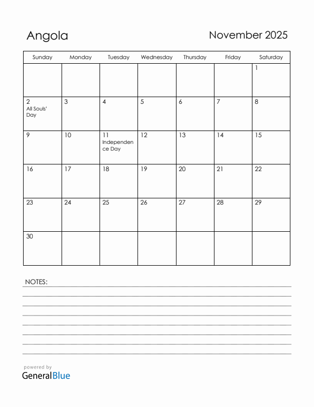 November 2025 Angola Calendar with Holidays (Sunday Start)