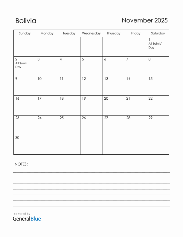 November 2025 Bolivia Calendar with Holidays (Sunday Start)
