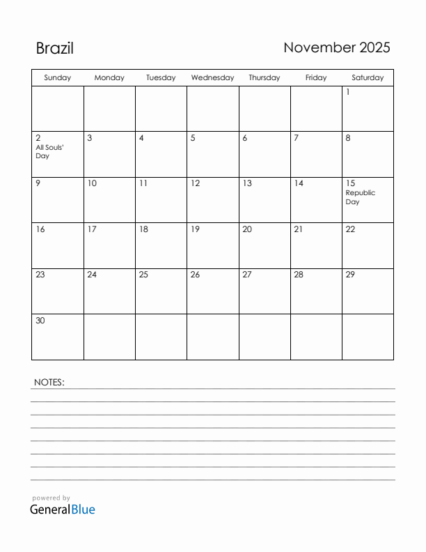 November 2025 Brazil Calendar with Holidays (Sunday Start)