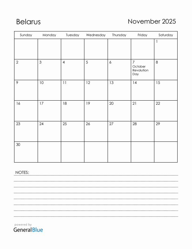 November 2025 Belarus Calendar with Holidays (Sunday Start)