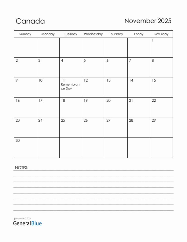 November 2025 Canada Calendar with Holidays (Sunday Start)