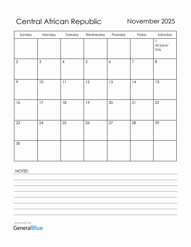 November 2025 Central African Republic Calendar with Holidays (Sunday Start)