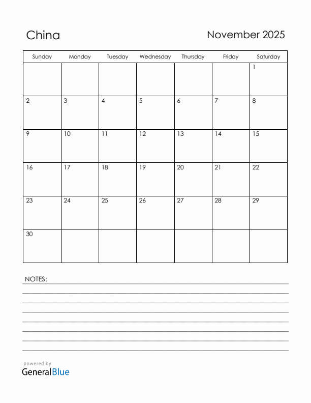 November 2025 China Calendar with Holidays (Sunday Start)