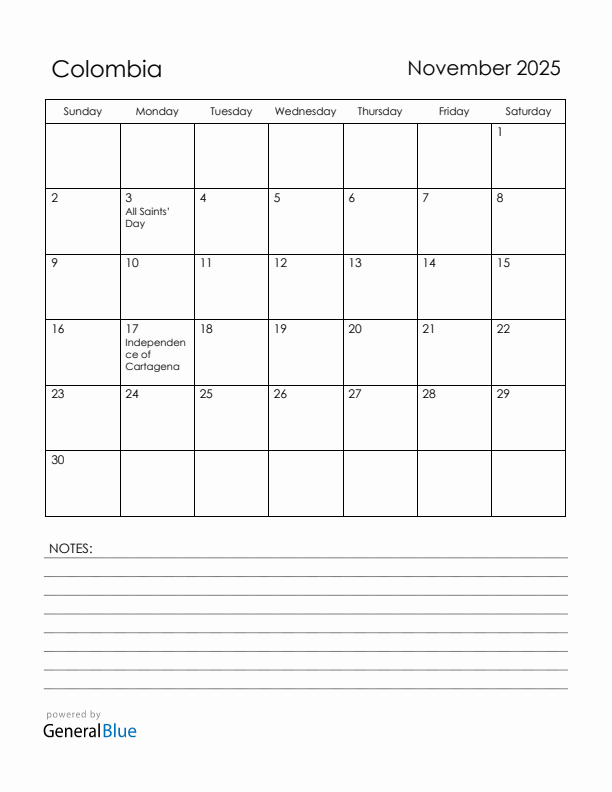 November 2025 Colombia Calendar with Holidays (Sunday Start)