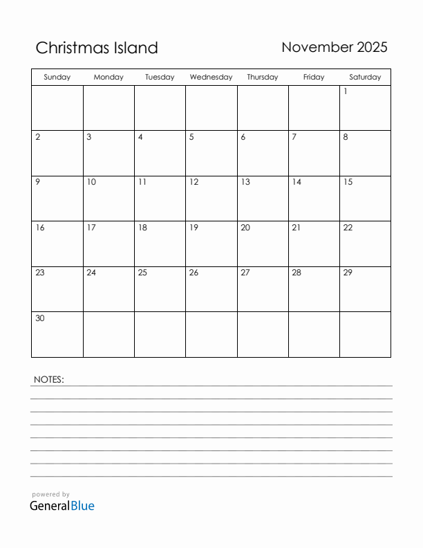 November 2025 Christmas Island Calendar with Holidays (Sunday Start)