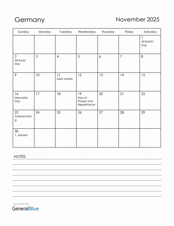 November 2025 Germany Calendar with Holidays (Sunday Start)