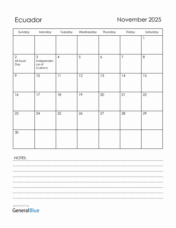 November 2025 Ecuador Calendar with Holidays (Sunday Start)