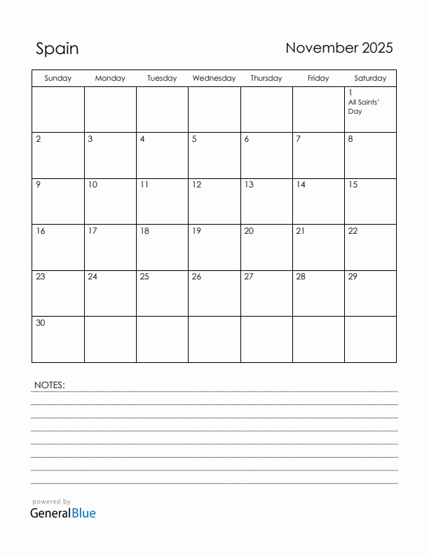 November 2025 Spain Calendar with Holidays (Sunday Start)