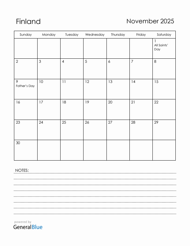 November 2025 Finland Calendar with Holidays (Sunday Start)