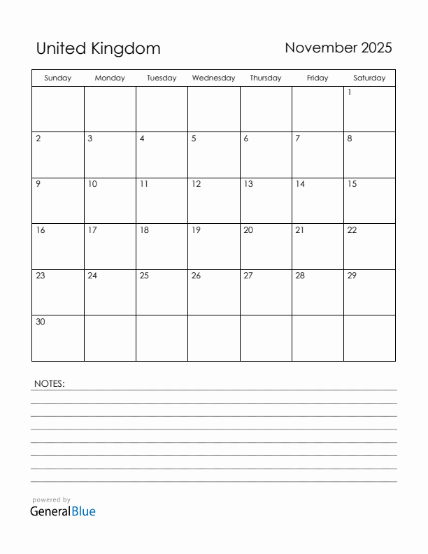 November 2025 United Kingdom Calendar with Holidays (Sunday Start)
