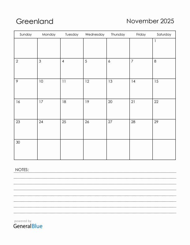 November 2025 Greenland Calendar with Holidays (Sunday Start)