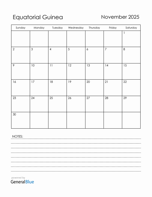 November 2025 Equatorial Guinea Calendar with Holidays (Sunday Start)