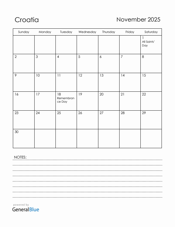 November 2025 Croatia Calendar with Holidays (Sunday Start)