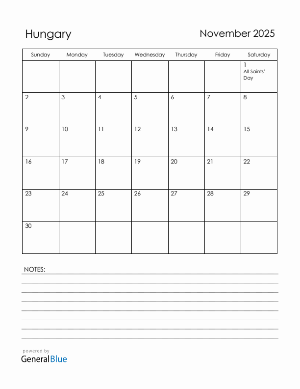 November 2025 Hungary Calendar with Holidays (Sunday Start)